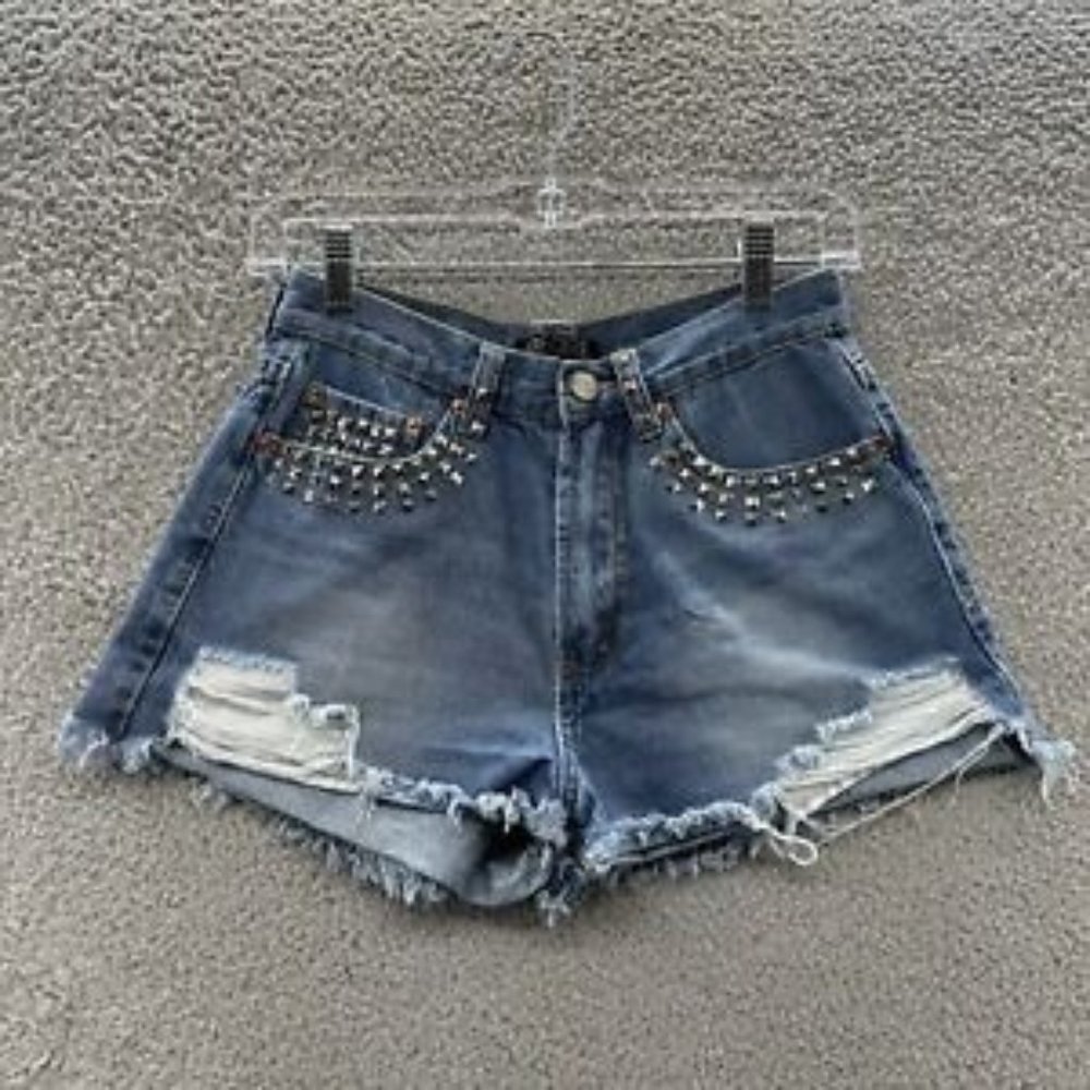 Love Culture Shorts Junior's Medium Blue Denim Distressed Studded Shorts Size M - Picture 1 of 16
